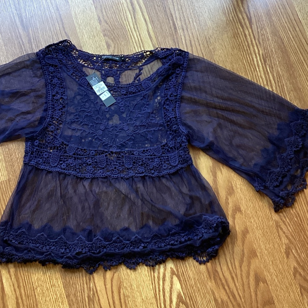 Sheer Crochet Lace Blouse in Navy - Women's Top